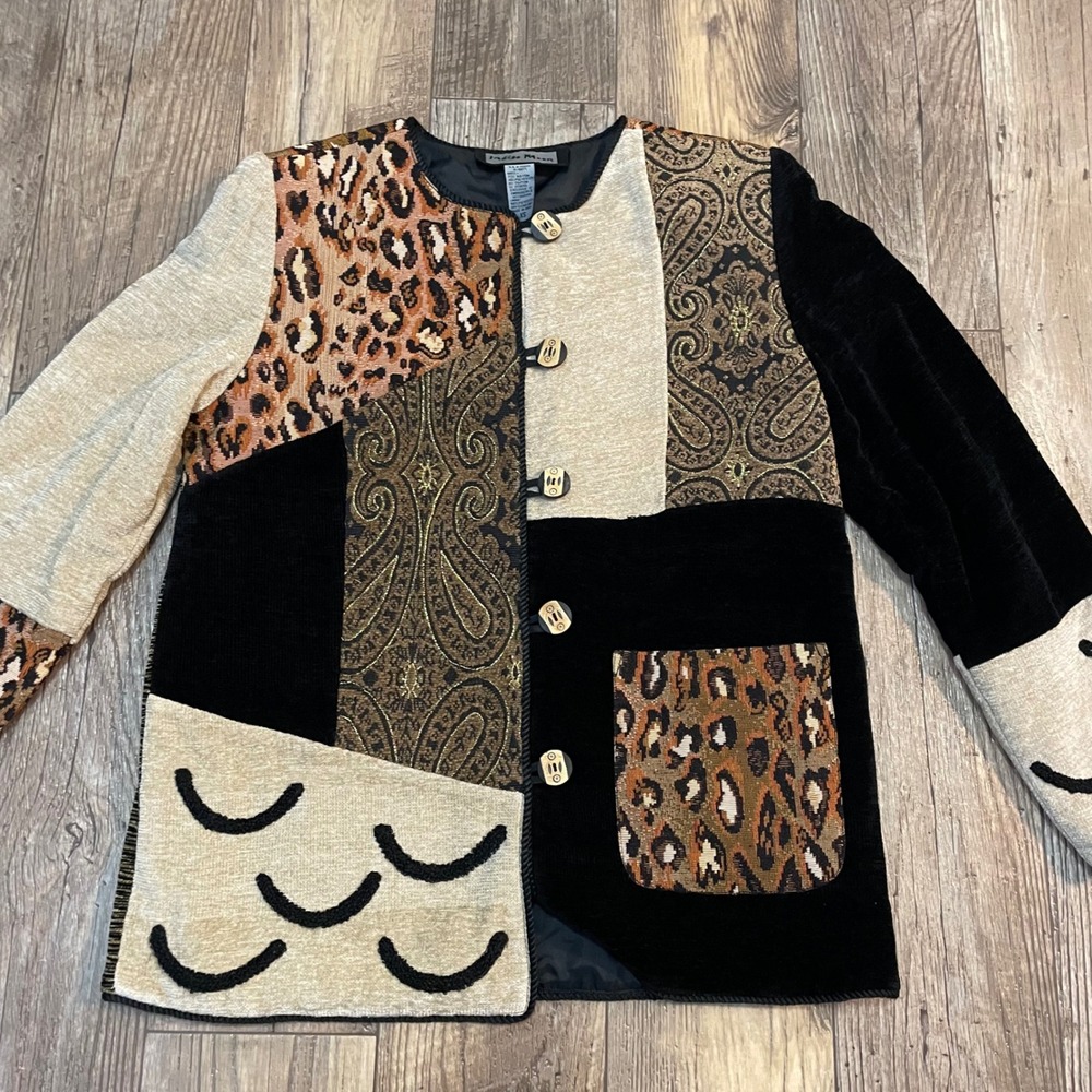 Indigo Moon Patchwork Tapestry Leopard Paisley Velvet Artisan 90s Jacket XS‎